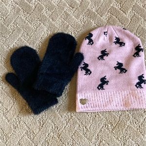 New Betsey Johnson Woman’s Unicorn Beanie and Black Gloves